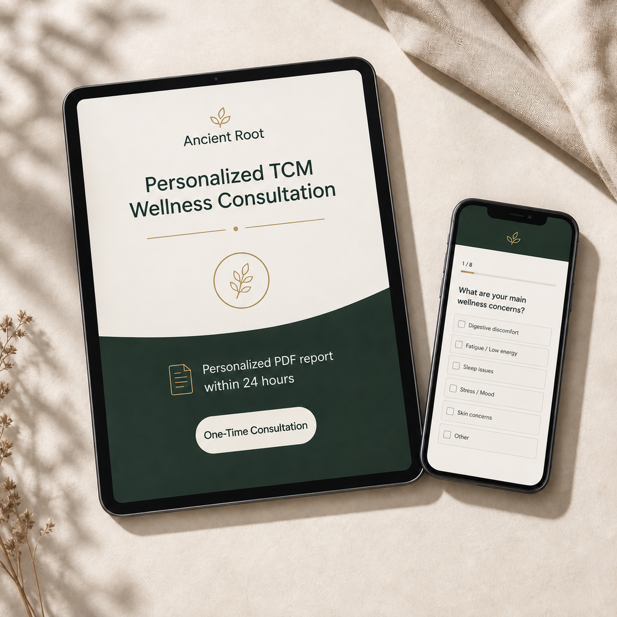 Ancient Root one-time personalized TCM wellness consultation with PDF report and questionnaire preview