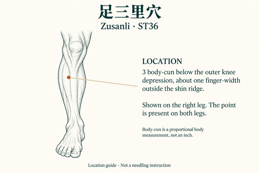 Zusanli ST36 acupoint location illustration, a non-needling self-care reference