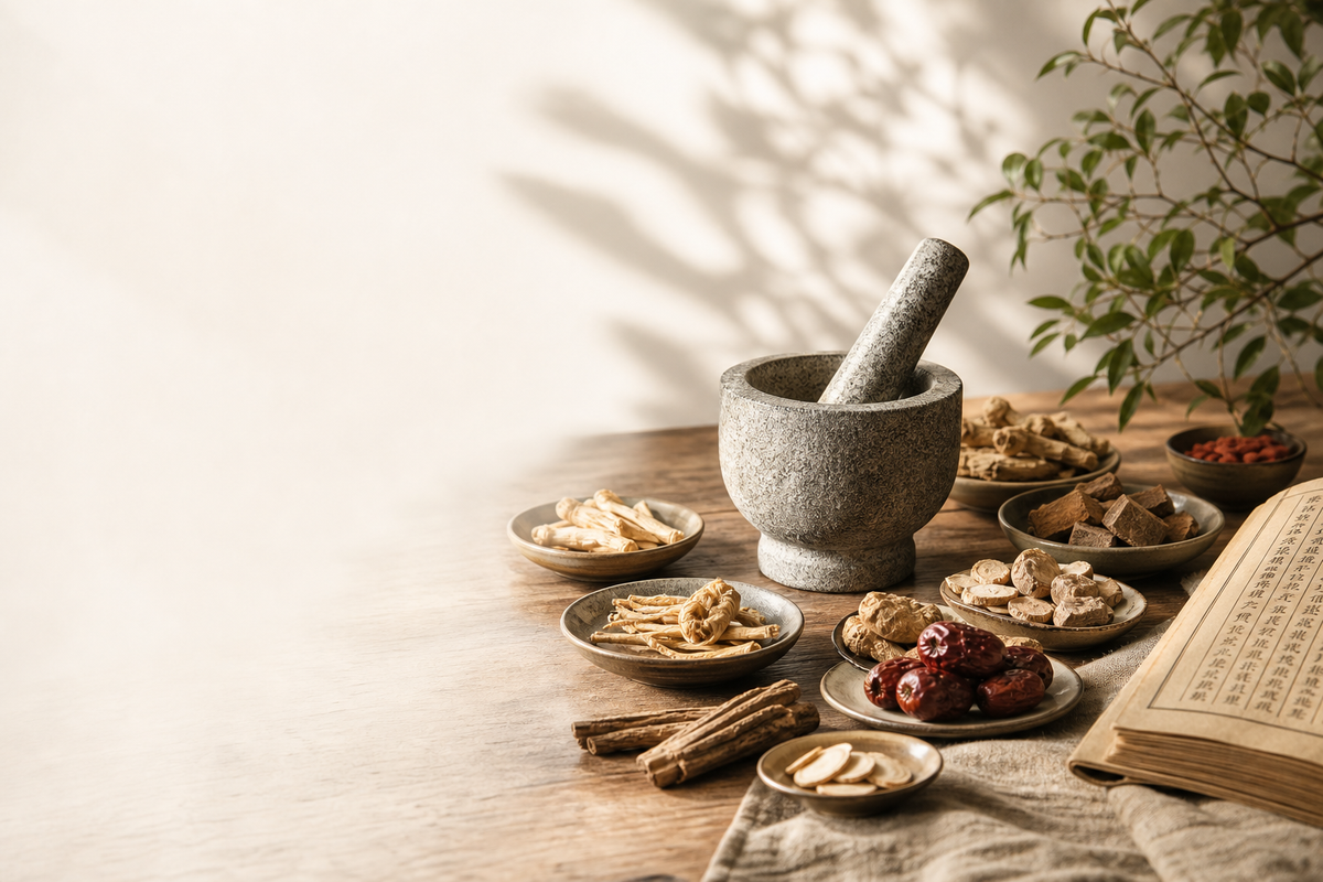 Stone mortar and pestle surrounded by dried herbs.